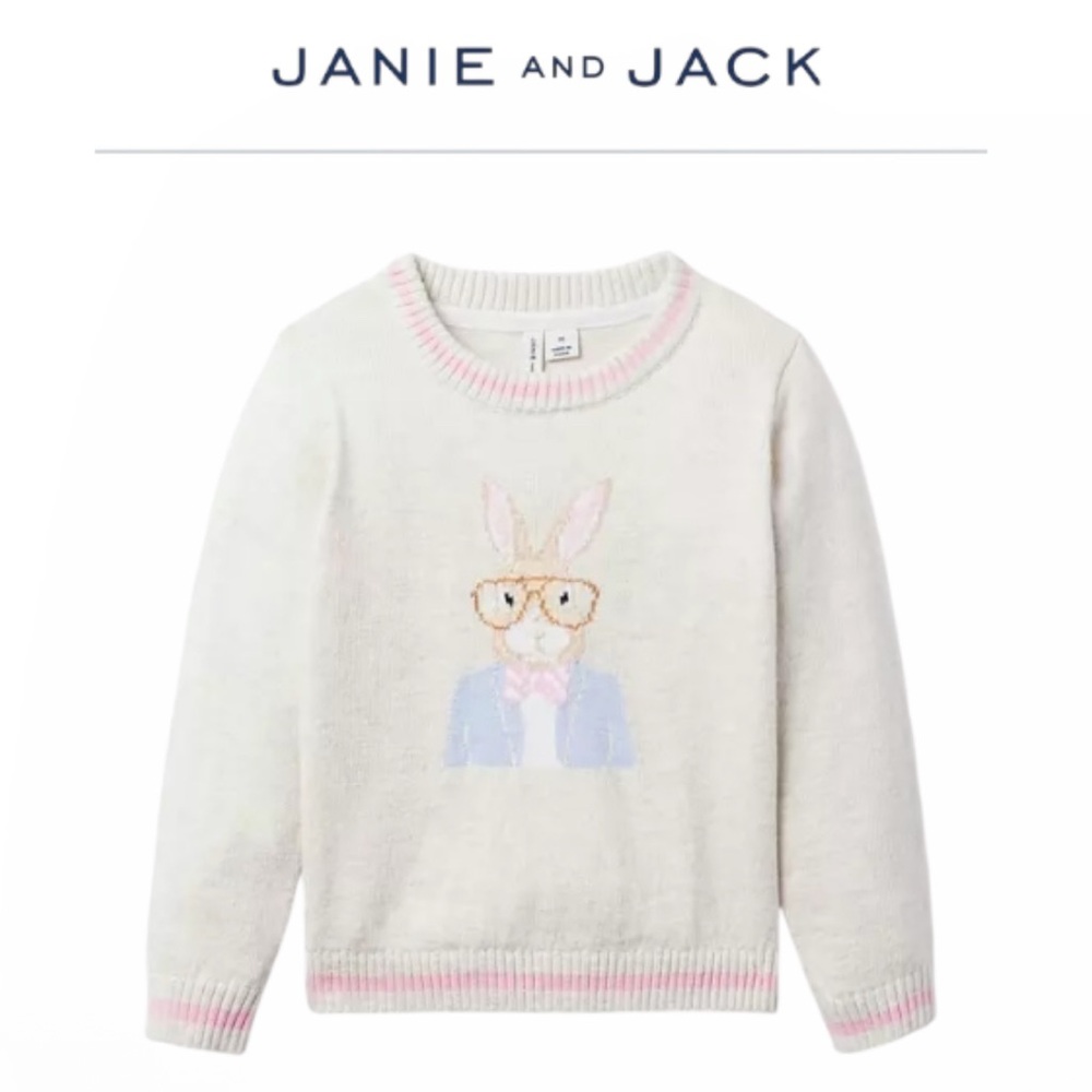 Janie and Jack Kids Grey Heather and Pink Sweater with Bunny Design
